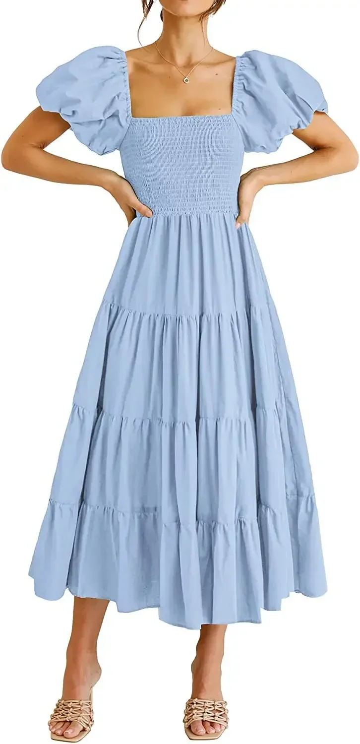 Vestido midi feminino casual de verão, manga curta bufante, gola quadrada, vestidos boho em camadas