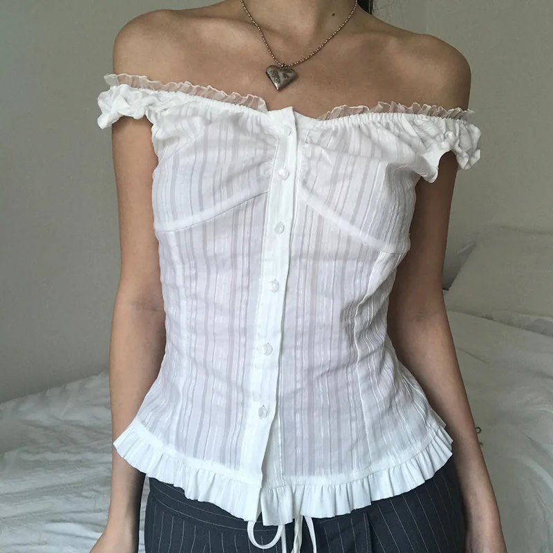 

French pure desire one shoulder and two T-shirts pure desire lace stitching row buckle waist slim temperament shirt