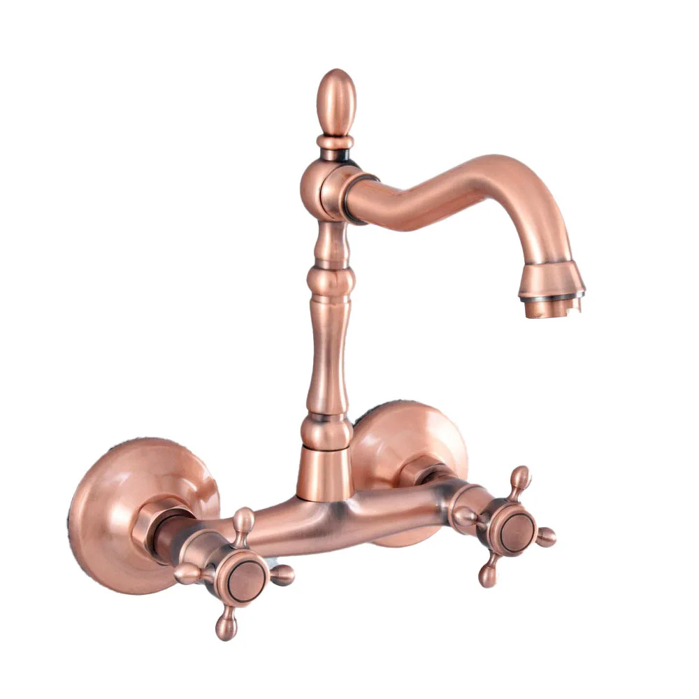 Antique Red Copper Brass Bathroom Kitchen Basin Sink Faucet Mixer Tap Swivel Spout Wall Mounted msf866
