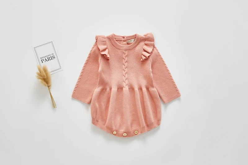 Baby Spring Autumn Clothing Infant Newborn Baby Girls Knitted Bodysuit Long Sleeve Solid Ruffled Jumpsuit Outfit Set 0-3T