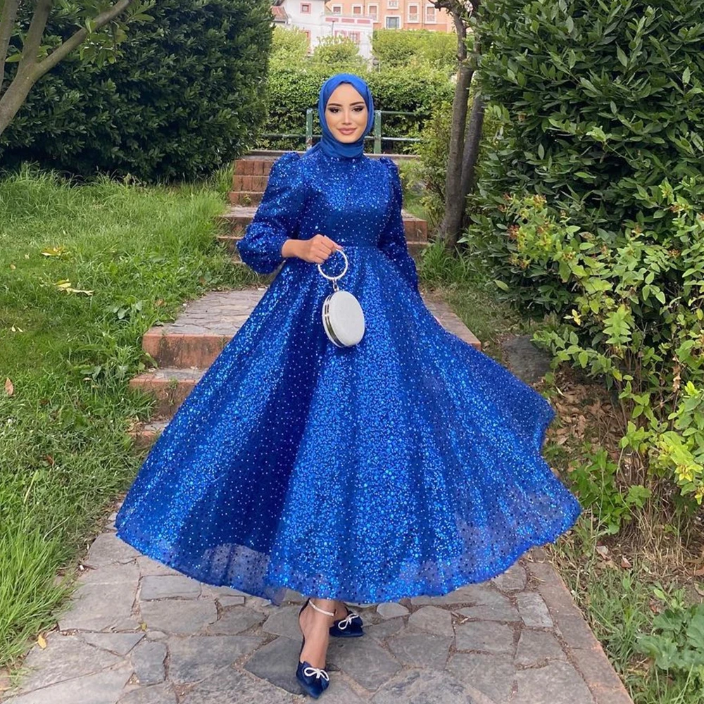 

Royal Blue Full Sleeve Muslin Evening Dresses for Women New Ankle Length Prom Gowns with Sequined 2024 Summer Robe De Soirée