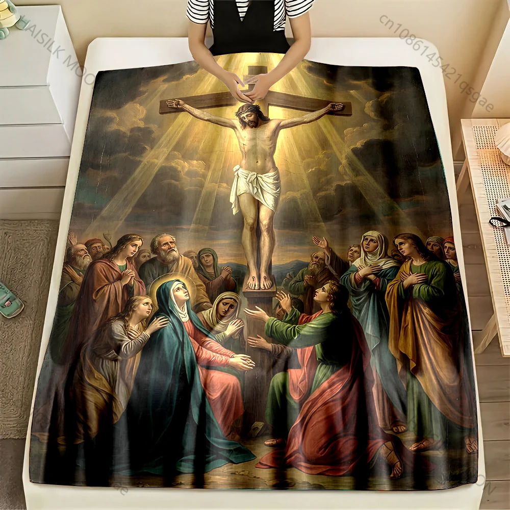 1PC Jesus crucifixion scene Print Blanket Warm Soft Fluffy Kids and Adult Sofa Bed Throw Blanket Outdoor Travel Camping RV