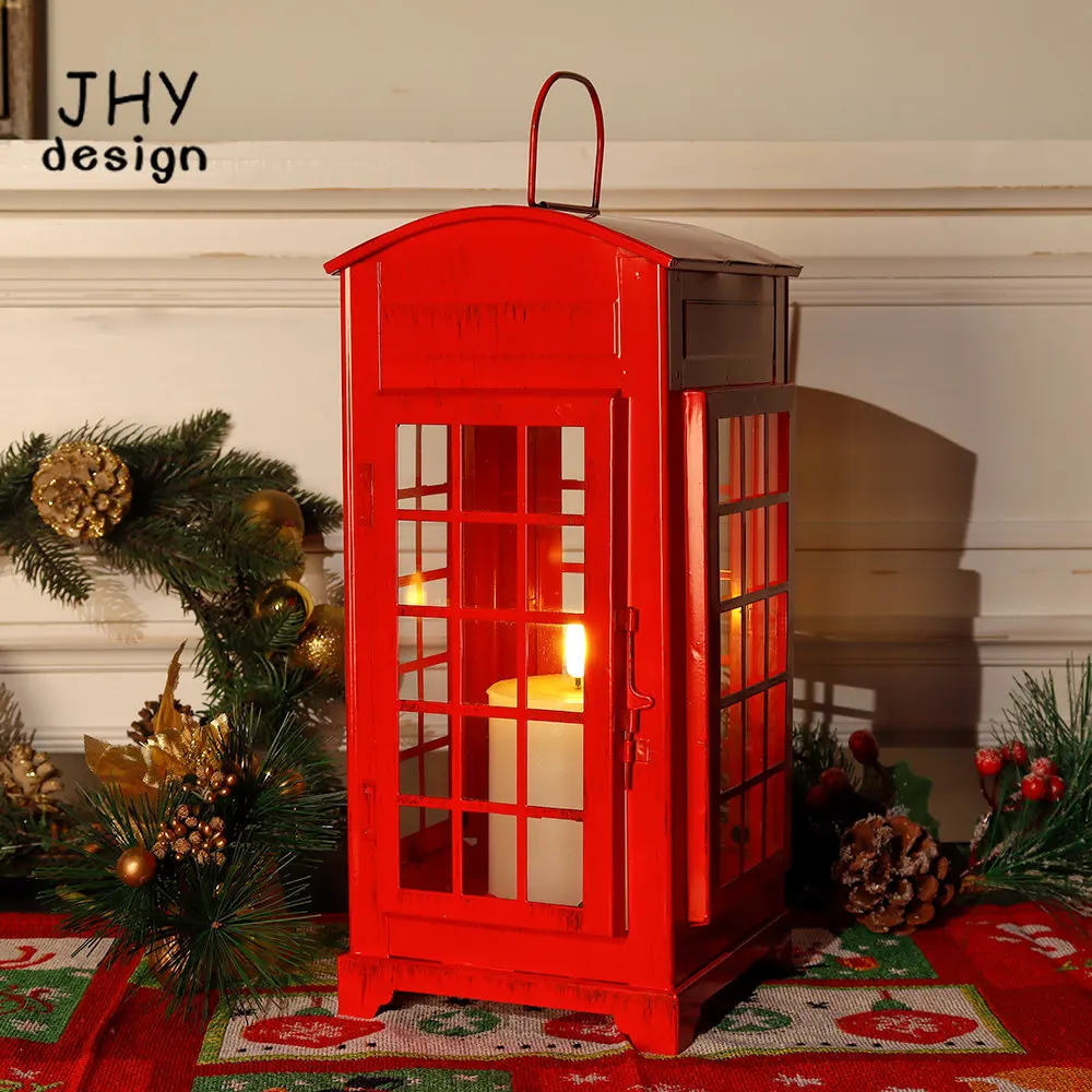 Vintage Table Lamp Candle Holder Lantern Red Telephone Booth Shaped Lantern with LED Candle for Living Room Party Home Decor