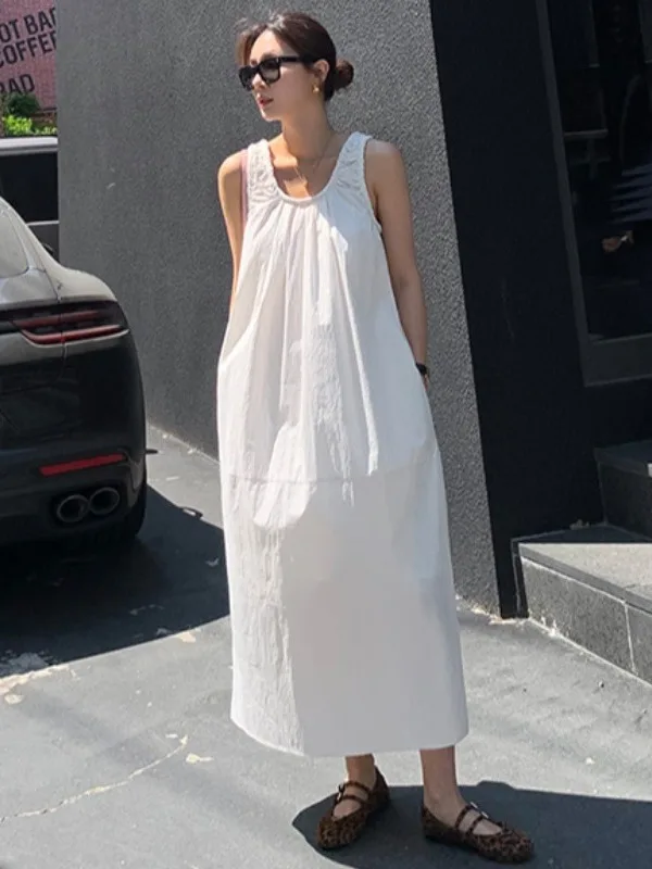

Korean Sle Lazy U-Ne Pleated Svel Vest Dr Women Summer New Classy White Long Dr Faionable Casual Maxi Dr