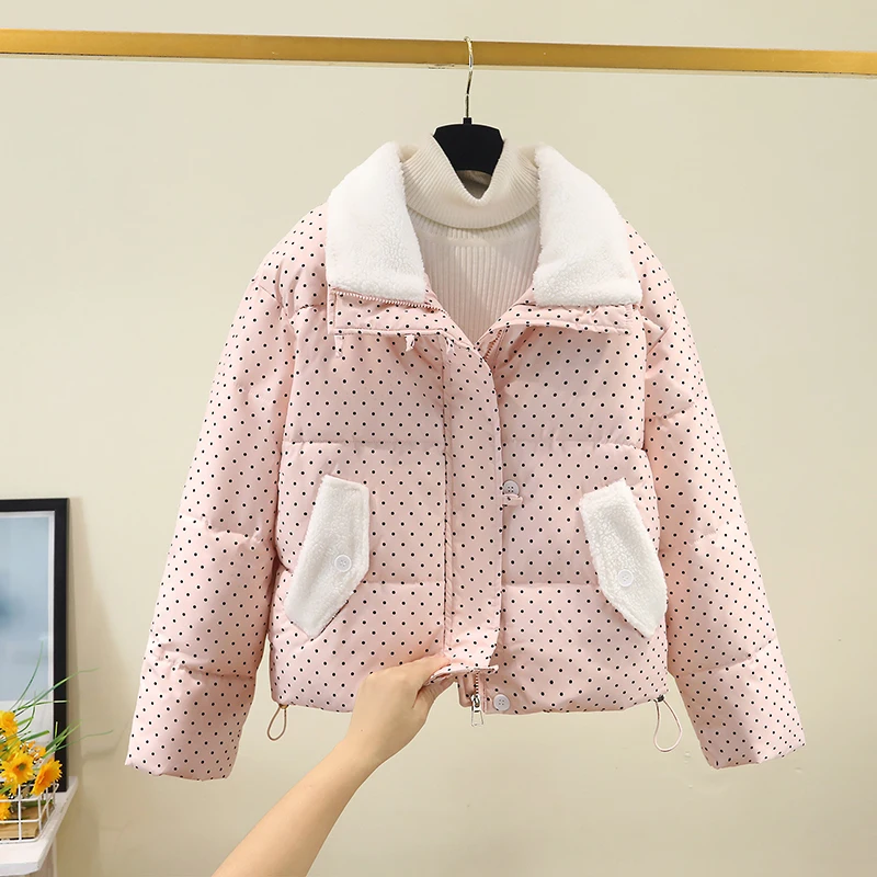 

Autumn Winter New Sle Women's Jaet Lamb Fur Collar Sweet Polka Dot down Cotton Bread Sle Small Size Cotton Coat