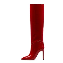 2024 Autumn and Winter High Heel Pointed Patent Leather Knee-length Women's Boots Fashion 43 Large Shoes Women's Boots