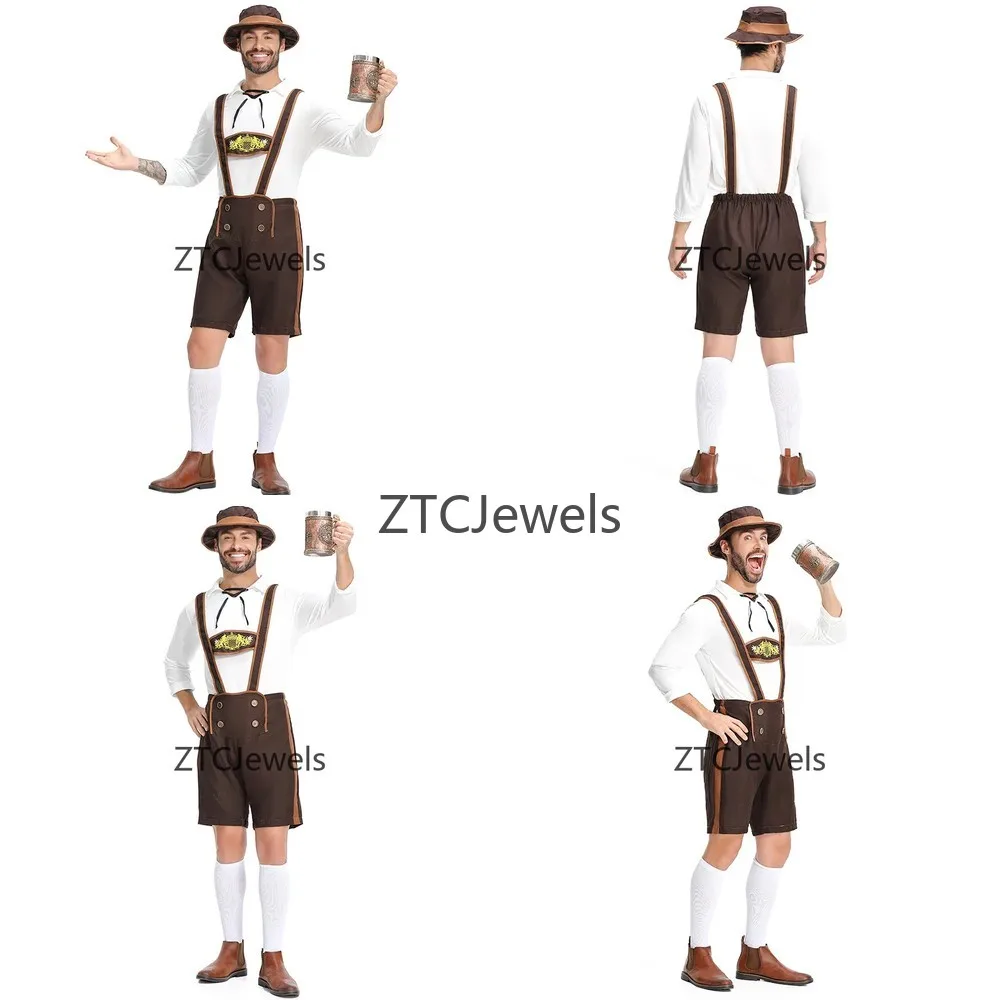 

Munich Oktoberfest Three Piece Costume Men Bavarian Beer Festival Cosplay with Suspenders Shirt Hat