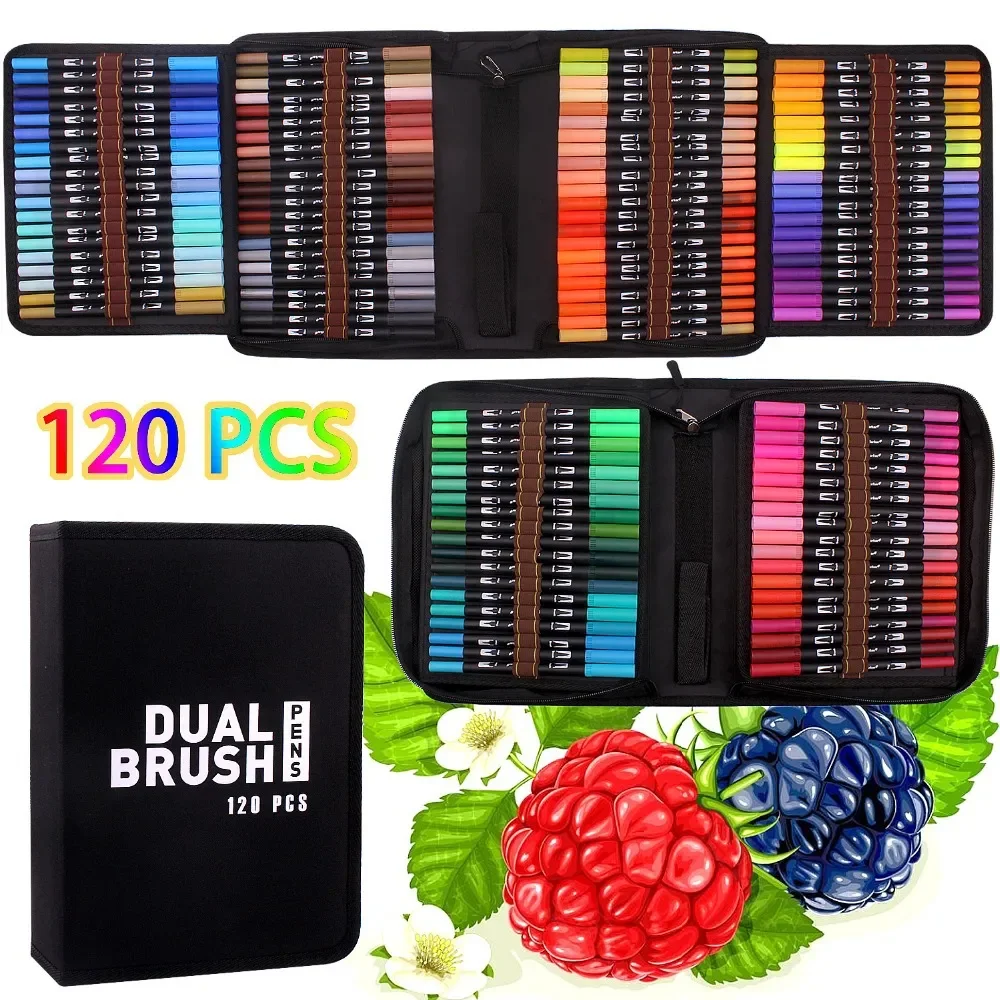 

120 colors Watercolor Markers Brush Tip Art Pen Dual Marker Fineliner Double Head Lettering Painting Drawing Art Marker Set