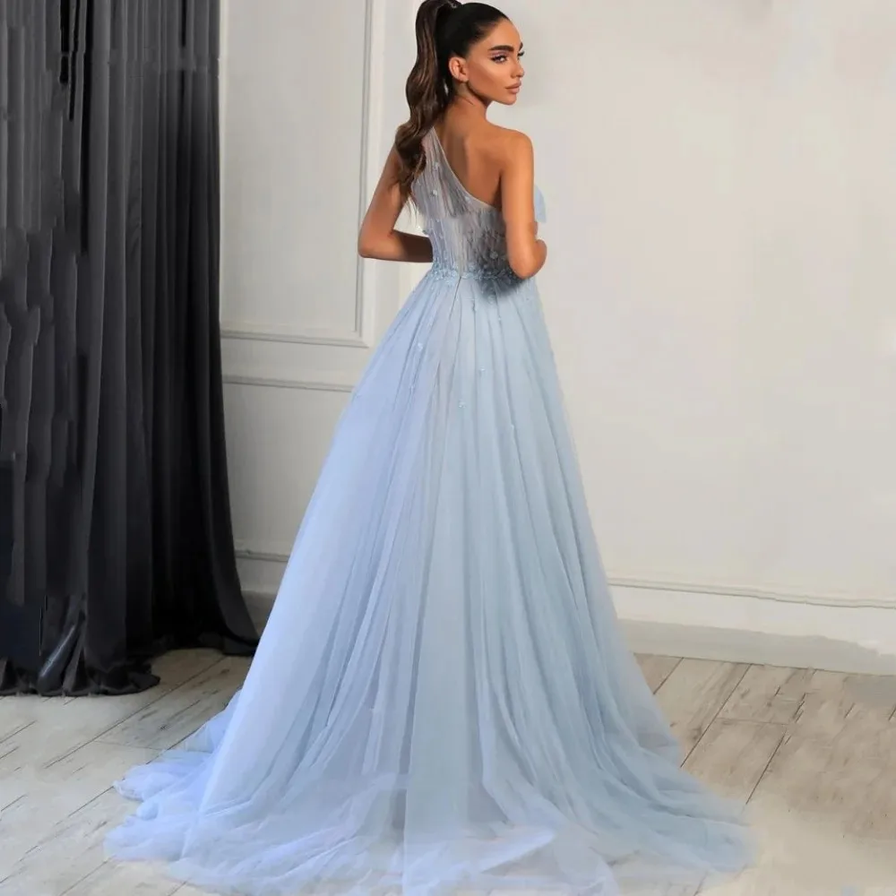 Flora-vestido de tul azul cielo para mujer, vestidos de noche de un hombro, vestido de fiesta de boda elegante, vestidos árabes de Dubai, baile de graduación