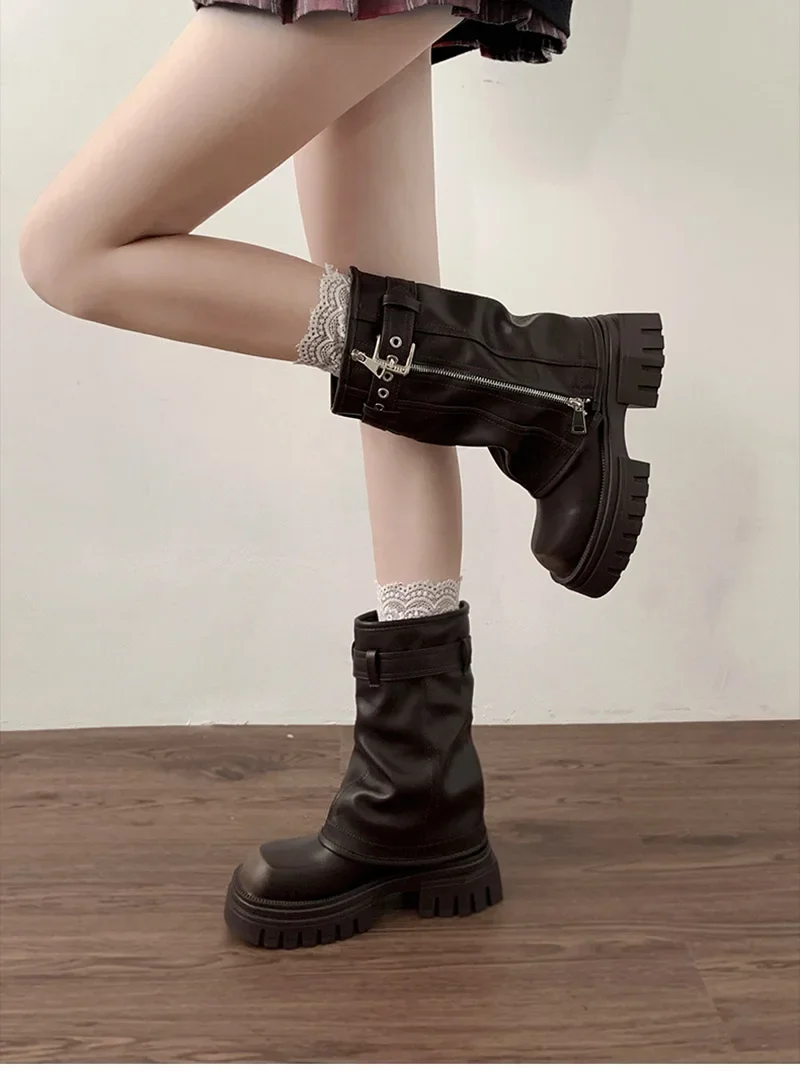 Winter Damen Biker Stiefel Mode Gürtelschnalle Elegante Plateau Flache Kurze Stiefeletten Lässige Damen Ritterstiefeletten – Detail 8