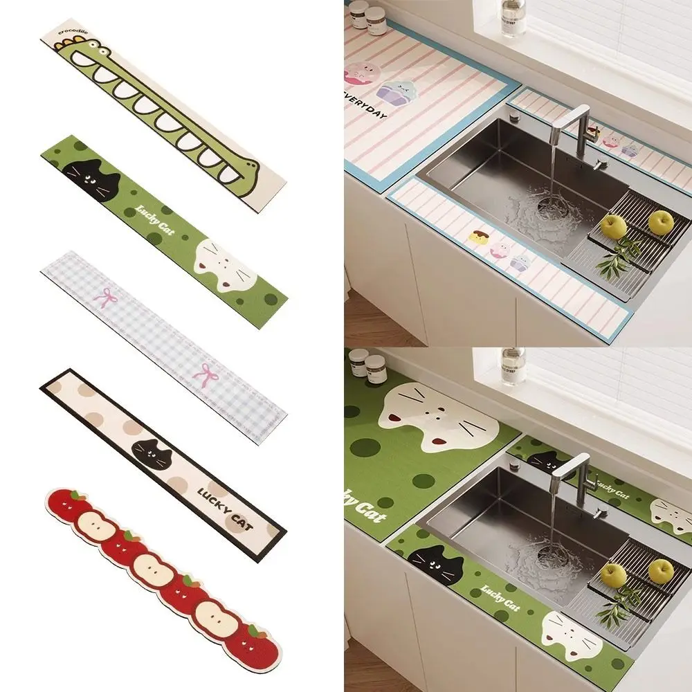 Durable 10x60cm Faucet Drain Mat Lucky Cat Cartoon Coffee Pad Washable Non-Slip Sink Absorbent Mat Kitchen Bathroom