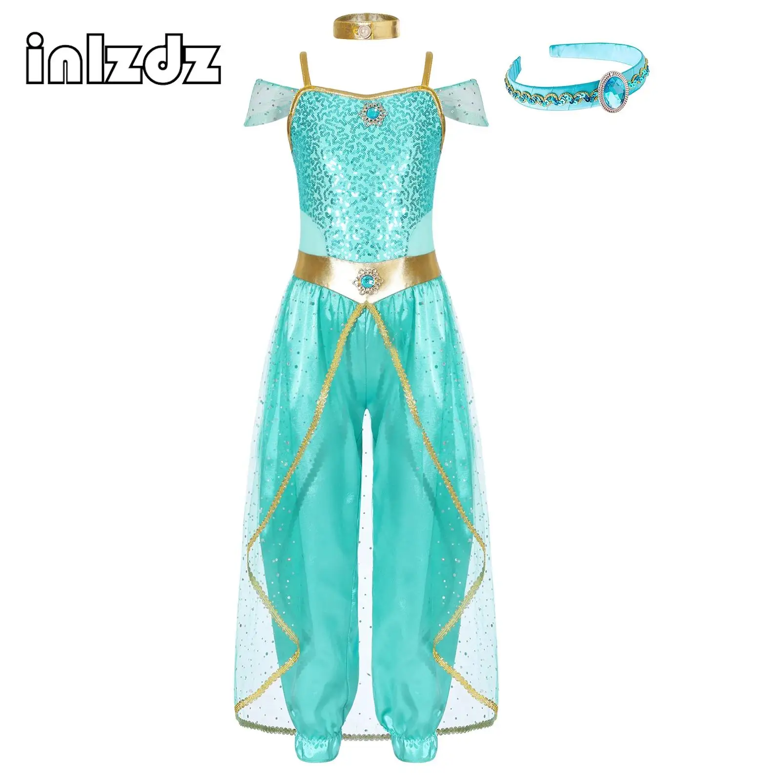 

Kids Girls Belly Dance Romper Arabian Princess Costume Gems Sequin Halloween Jumpsuit Costumes with Choker Collar Headwear Set