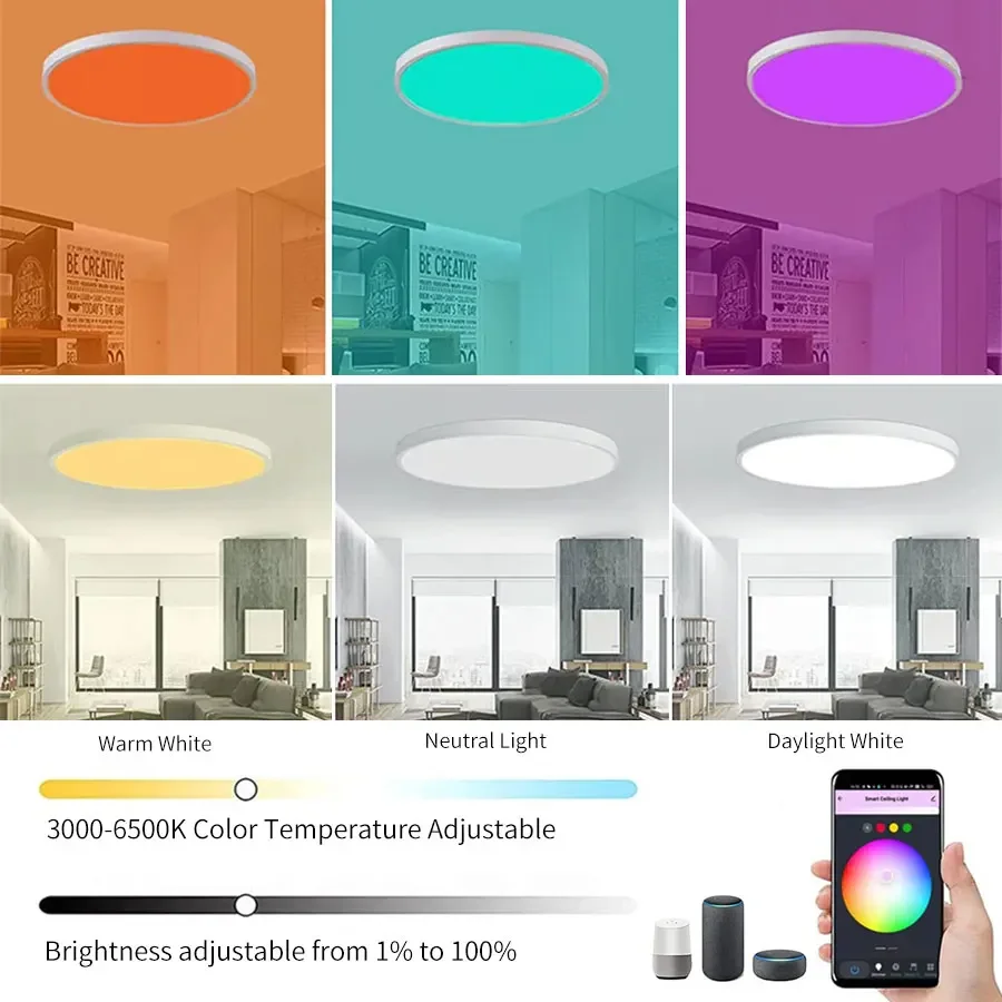 Wifi Led Ceiling Light 220V Tuya Smart Life with RF 2.4G Remote Control Alexa Google RGB White Black Flush Mount Light Fixture image 4