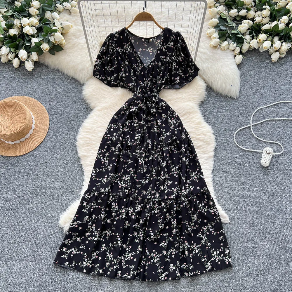 Chic vintage Sexy V-neck print ruffle lace-up Elegant Fairy Summer  Women Boho Sundress women clothing Long dress