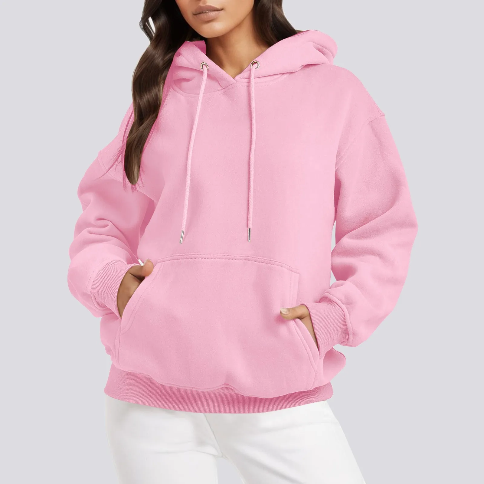 Womens Pink Hoodie Outdoor Hooded Shirt Solid Long Sleeve Tops Pocket Loose Sweatshirts Pullover Women Korean Fashion Clothes