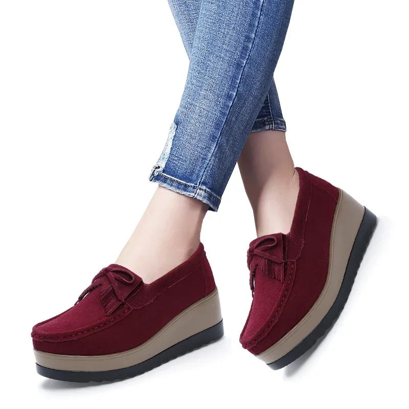 comemore 2021 Spring Autumn Women Suede Genuine Leather Wedge Shoes Lady Female Loafers Sweet Tassel Slip-ons Platform Moccasins