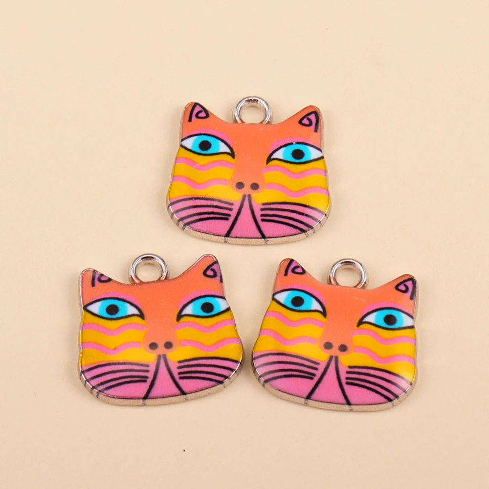 Encantos coloridos do gato do esmalte para fazer jóias, chapeado prata, bracelete animal, colar, brincos, pingentes, acessórios DIY, 10pcs