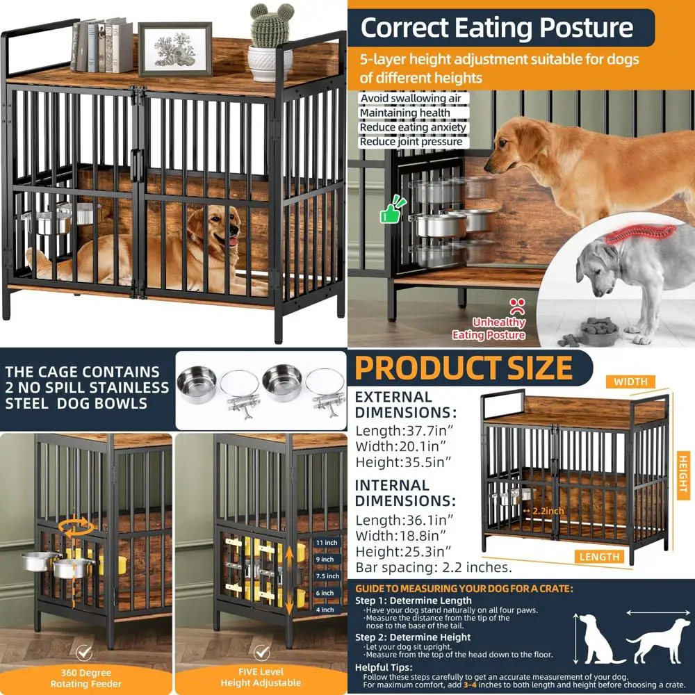 

Sturdy Metal Dog Crate Furniture with 360-Degree Adjustable Elevated Feeder, Suitable for Heavy Dogs, Indoor Decorative Dog Kenn