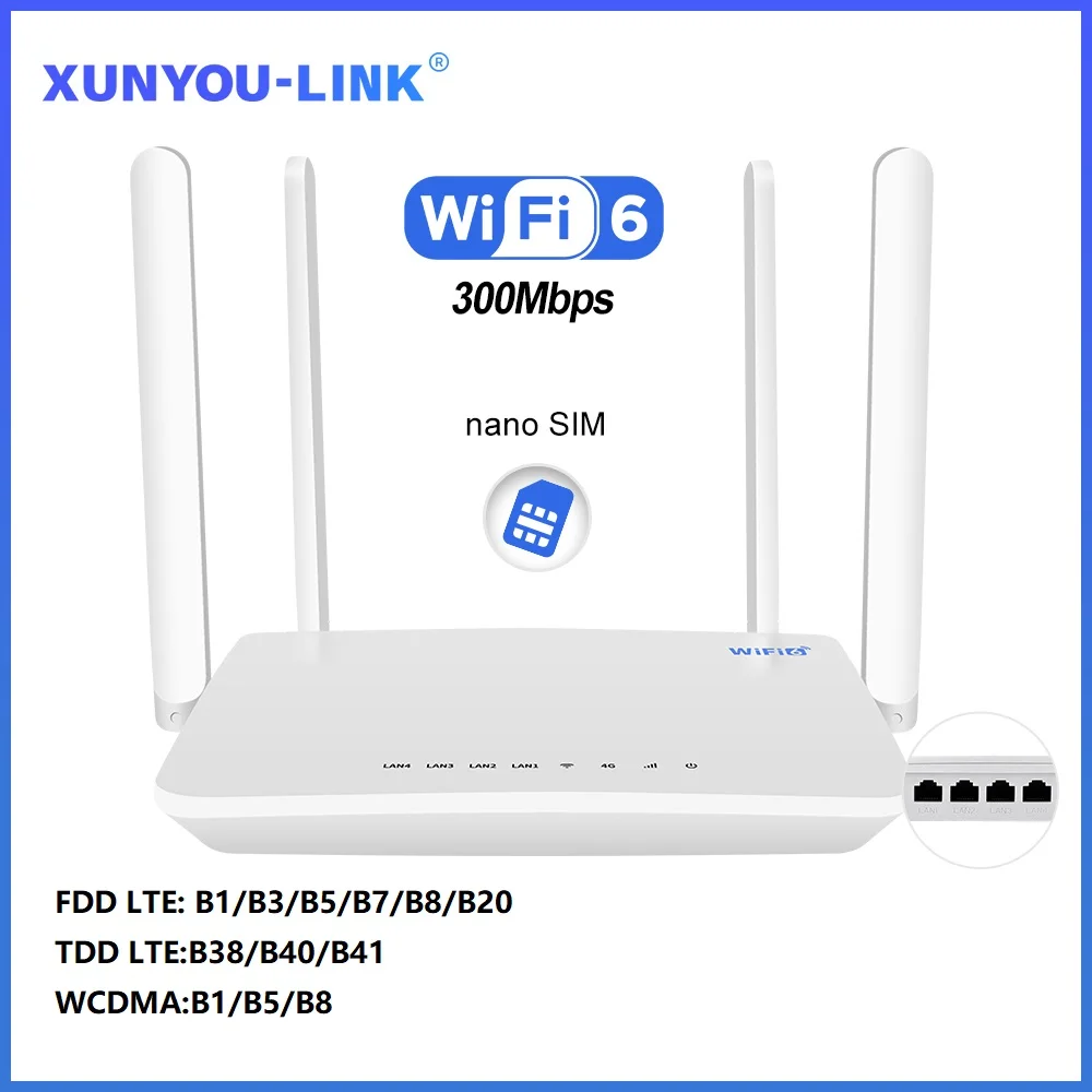 XUNYOU-LINK WiFi 6 Modem 4G LTE WIFI Router 300 Mbps Hoge snelheid Ondersteuning 32 apparaatverbinding Draadloze hotspot 4G SIM Wifi Router