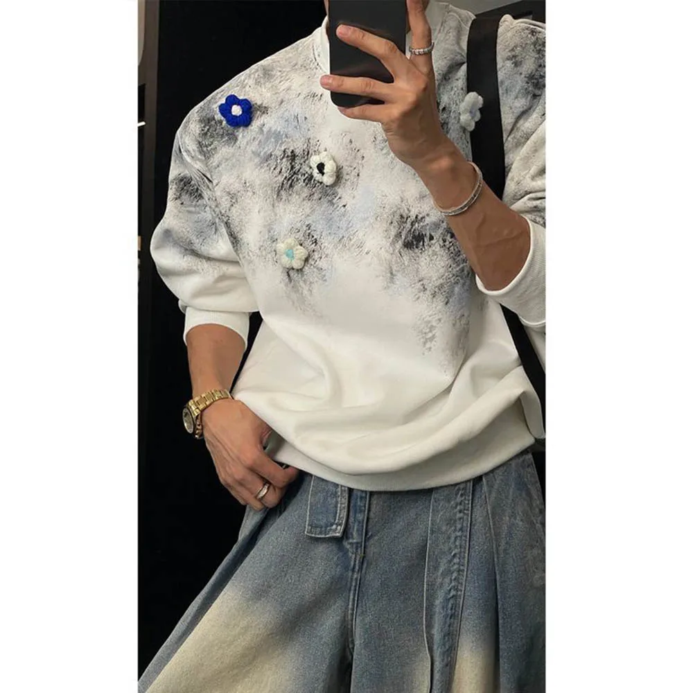 

Autumn Men's Flower Long Sleeve Sweater American Retro Fashion Trend Street Hip Hop Loose Casual Niche Men's New Tops 2025
