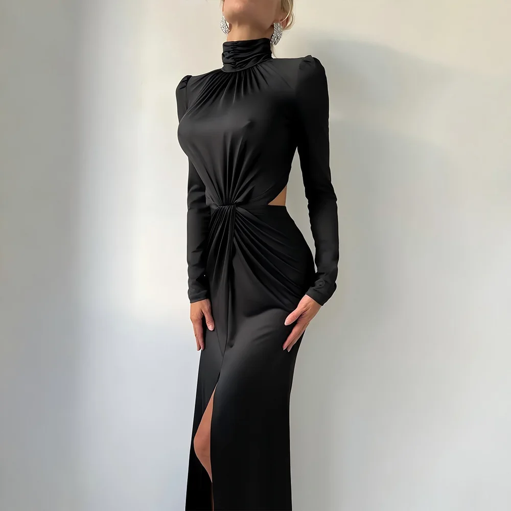 Apprabant outono inverno feminino maxi vestido dividido elegante preto gola alta ruched sexy sem costas cortar manga longa noite partywear