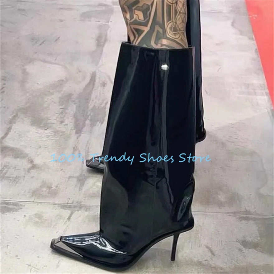 

New Fashion Women Metal Pointed Toe Stiletto Boots Large Size High Heel Knee High Boots Ladies Balck Slip-On Knight Boots