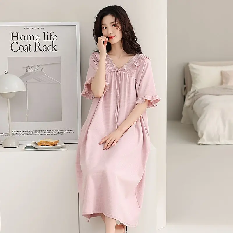 

Летняя хлопковая ночная сорочка с коротким рукавом для женщин, корейский стиль, милая домашняя одежда для сна