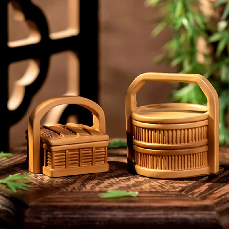 Micro Landscape Simulation Bamboo Food Box Hand Basket Chinese Style Home Decoration Desktop Resin Small Ornaments