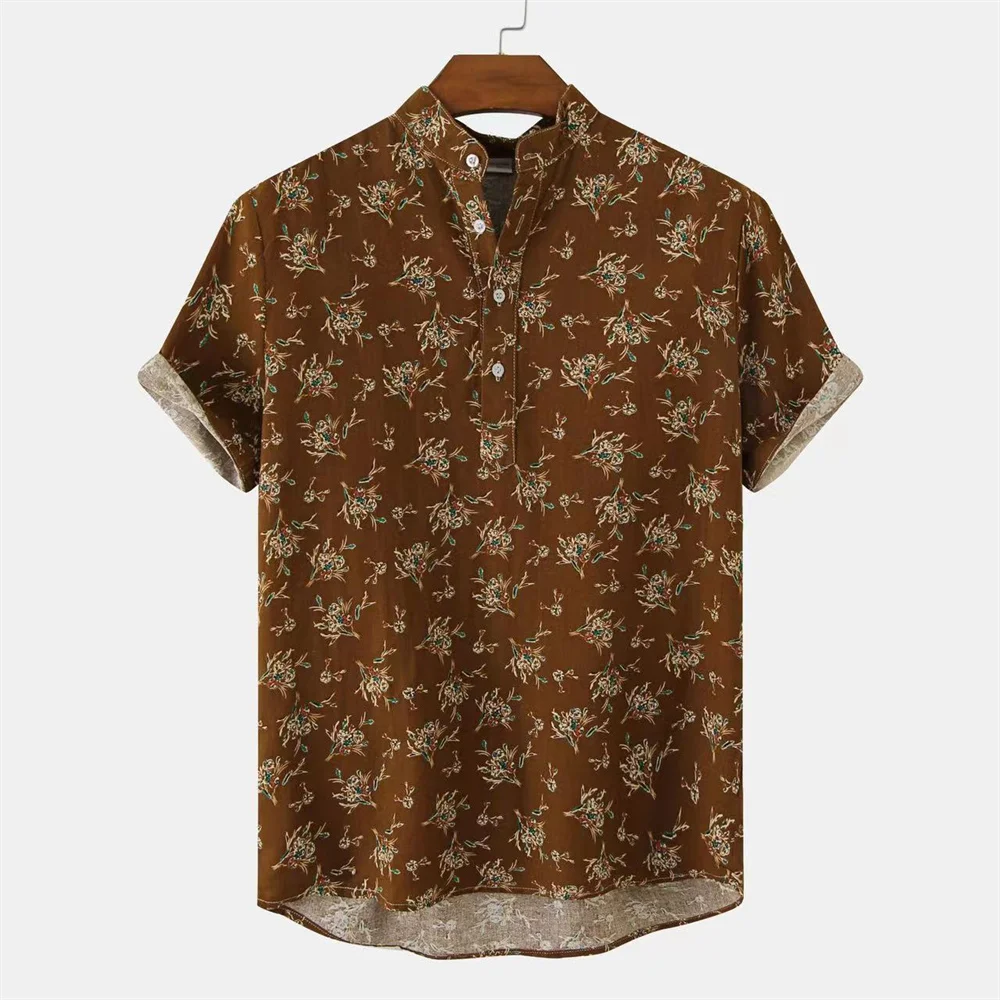 Camisas con estampado 3D para hombre, camisa de manga corta con cuello de pie, blusa informal de gran tamaño, estilo étnico