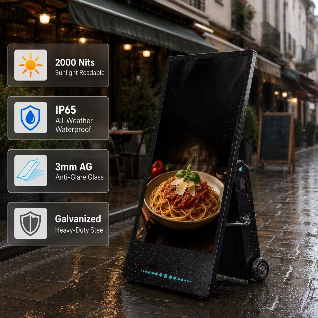 43 Inch Outdoor Battery Digital Sign 2000 Nits IP65 Full Color Freestanding Display Mobile App Control With Wheels