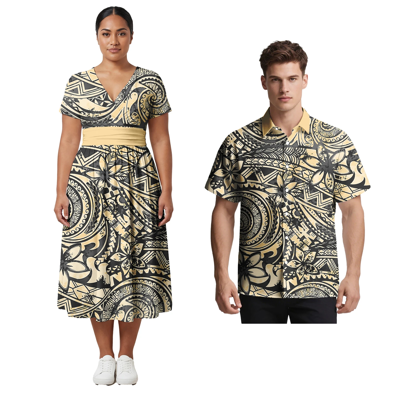 Conjuntos de Pareja de Diseño de Lujo, Camisa Polinesia Moderna para Hombre, Vestido Samoa para Mujer con Estampado Personalizado, Conjunto Aloha para Pareja