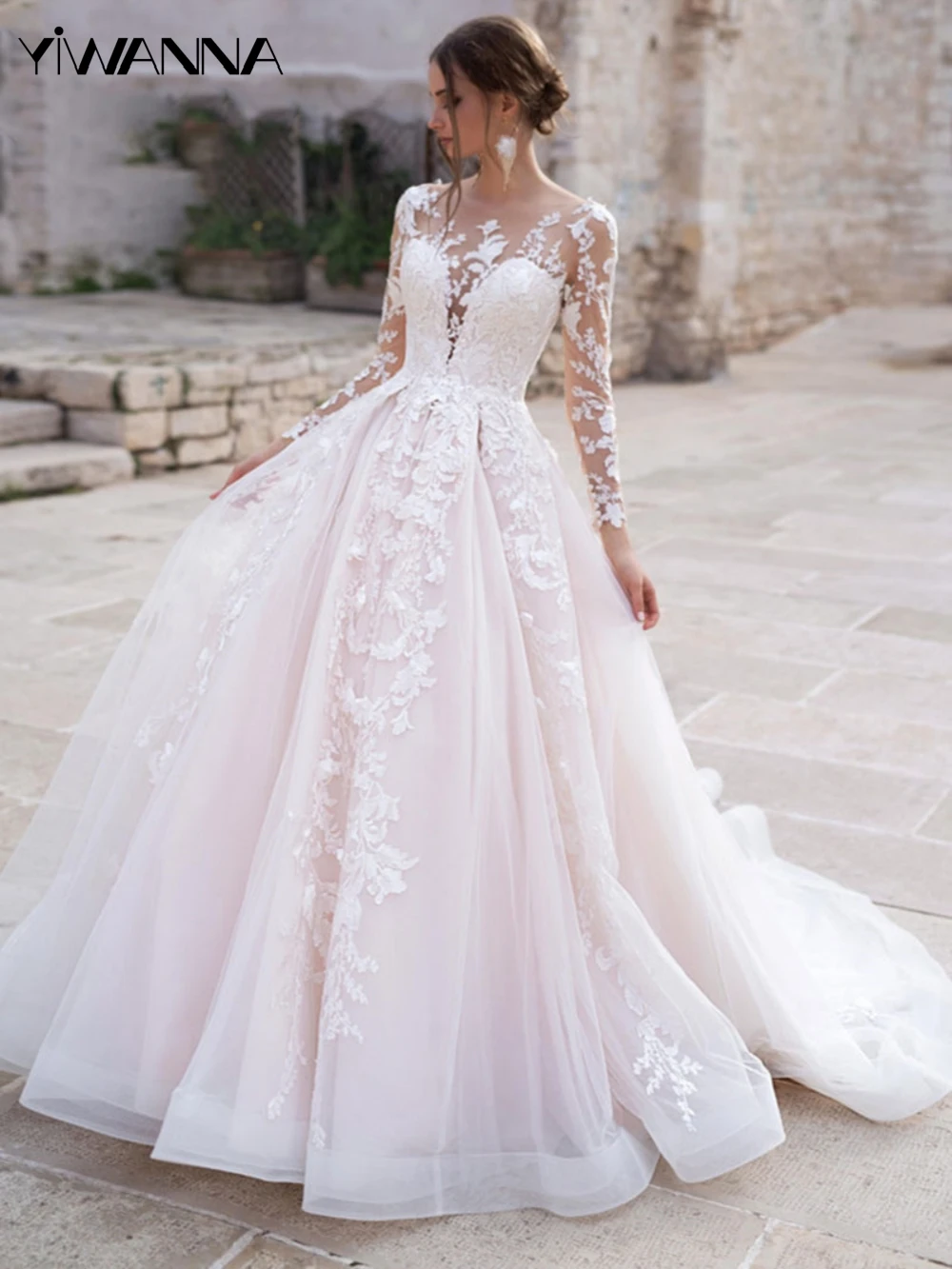 Vestido De novia clásico De manga larga con cuello redondo, elegante vestido De novia con apliques, línea a, blanco