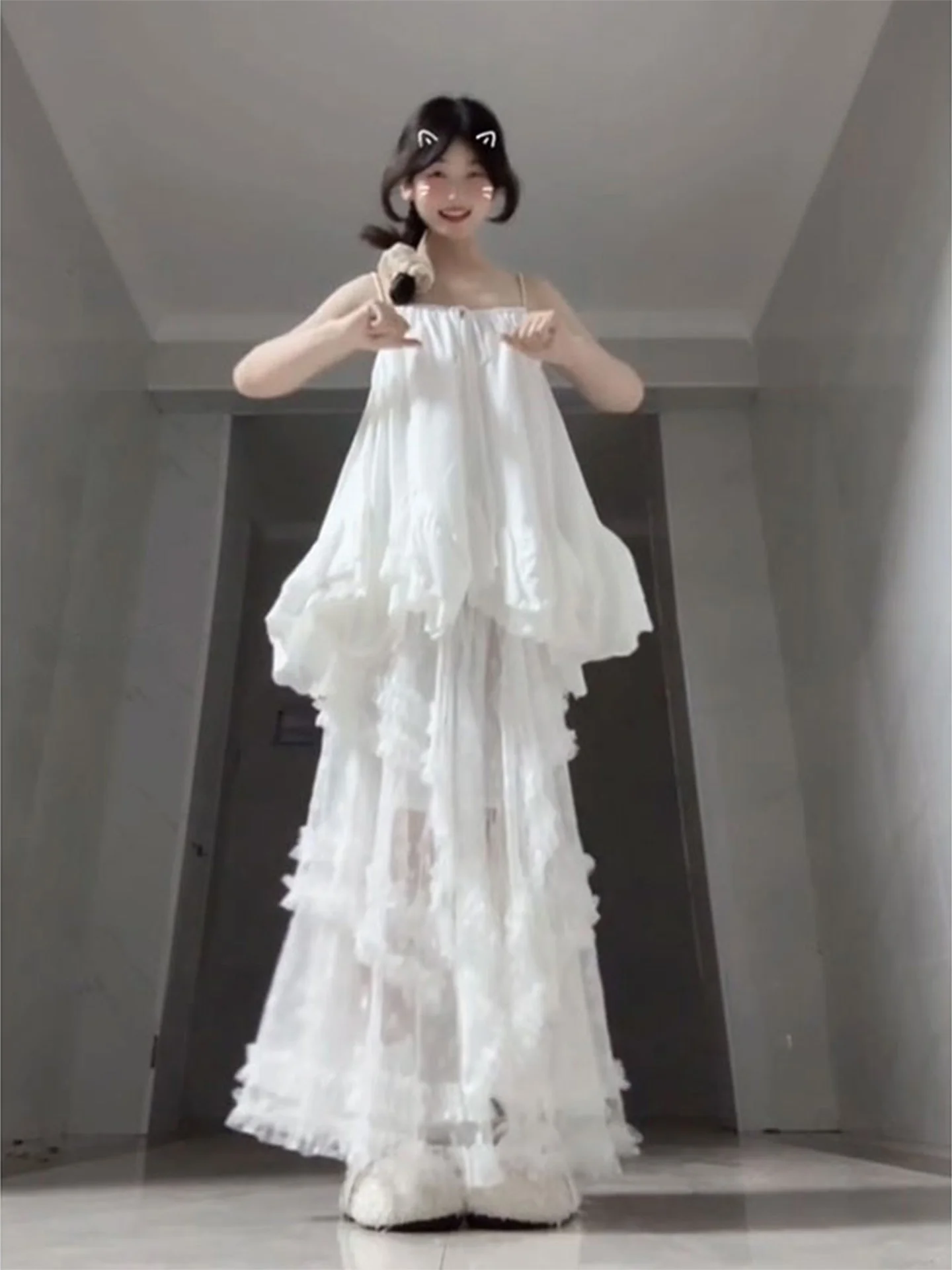 White Lace A-Line  Skirt Women's Summer New Irregular Princ Puffy Cake Long Skirt High Waist Korean Sle Daily Wear