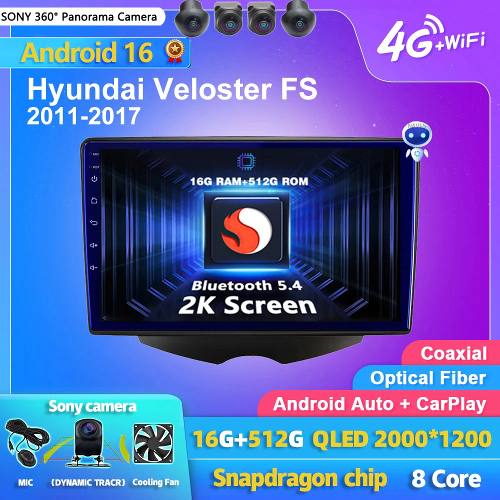 Android 16 Carplay Auto 2K Screen Car Radio Multimedia Player For Hyundai Veloster FS 2011-2017 2din Autoradio Stereo Head Unit