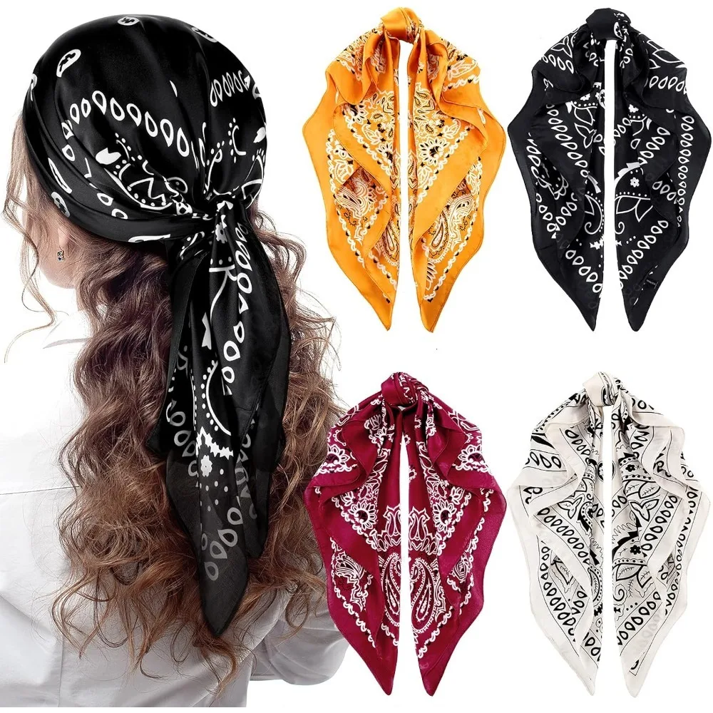 

4 Pcs 27'' Square Satin Head Scarves Satin Bandanas for Women Halloween Headband Silk Feeling Scarves Boho Headwear