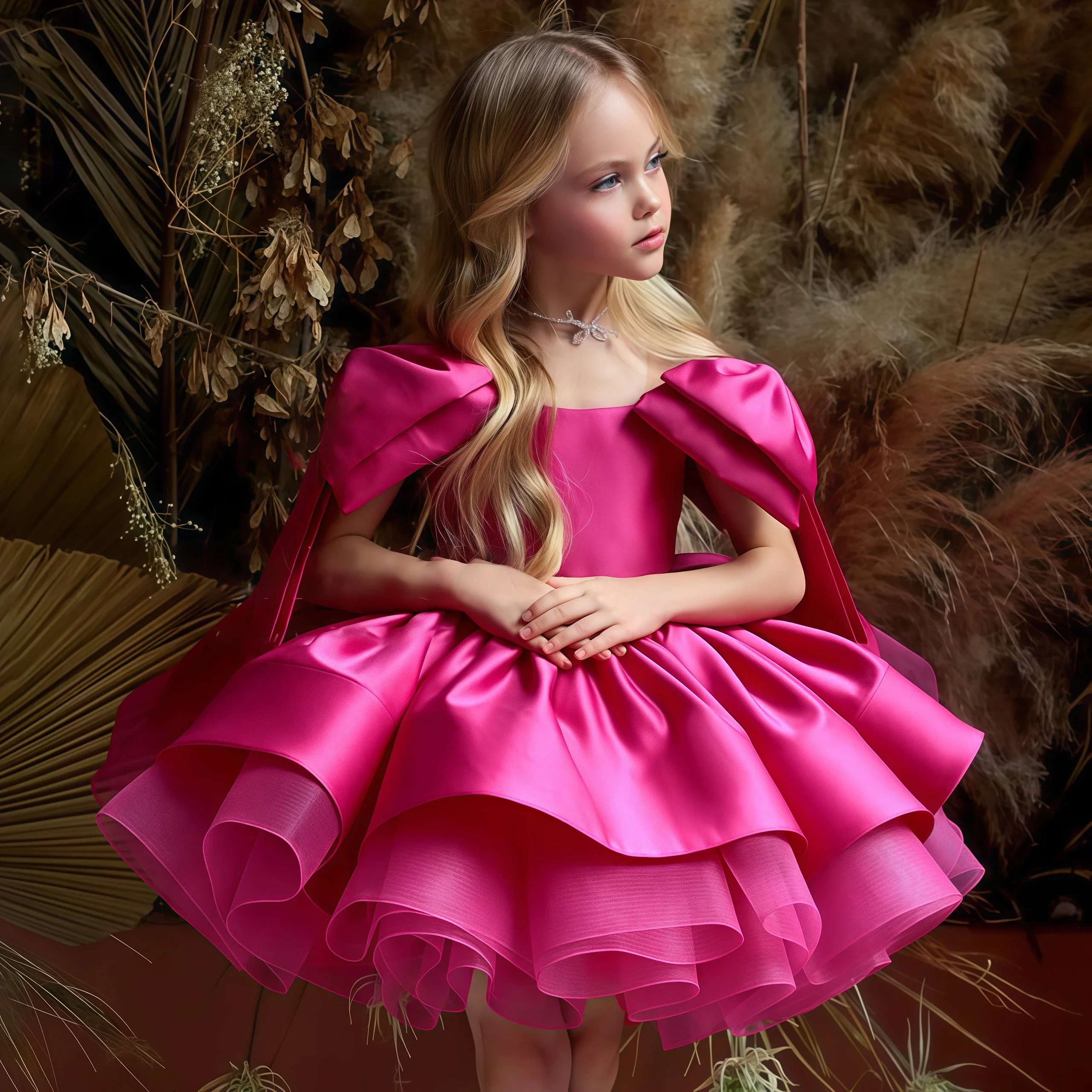 

Girls Puff Sleeve Bow Detail Tiered Satin Dress Formal Party Wedding Flower Girl Birthday Costume