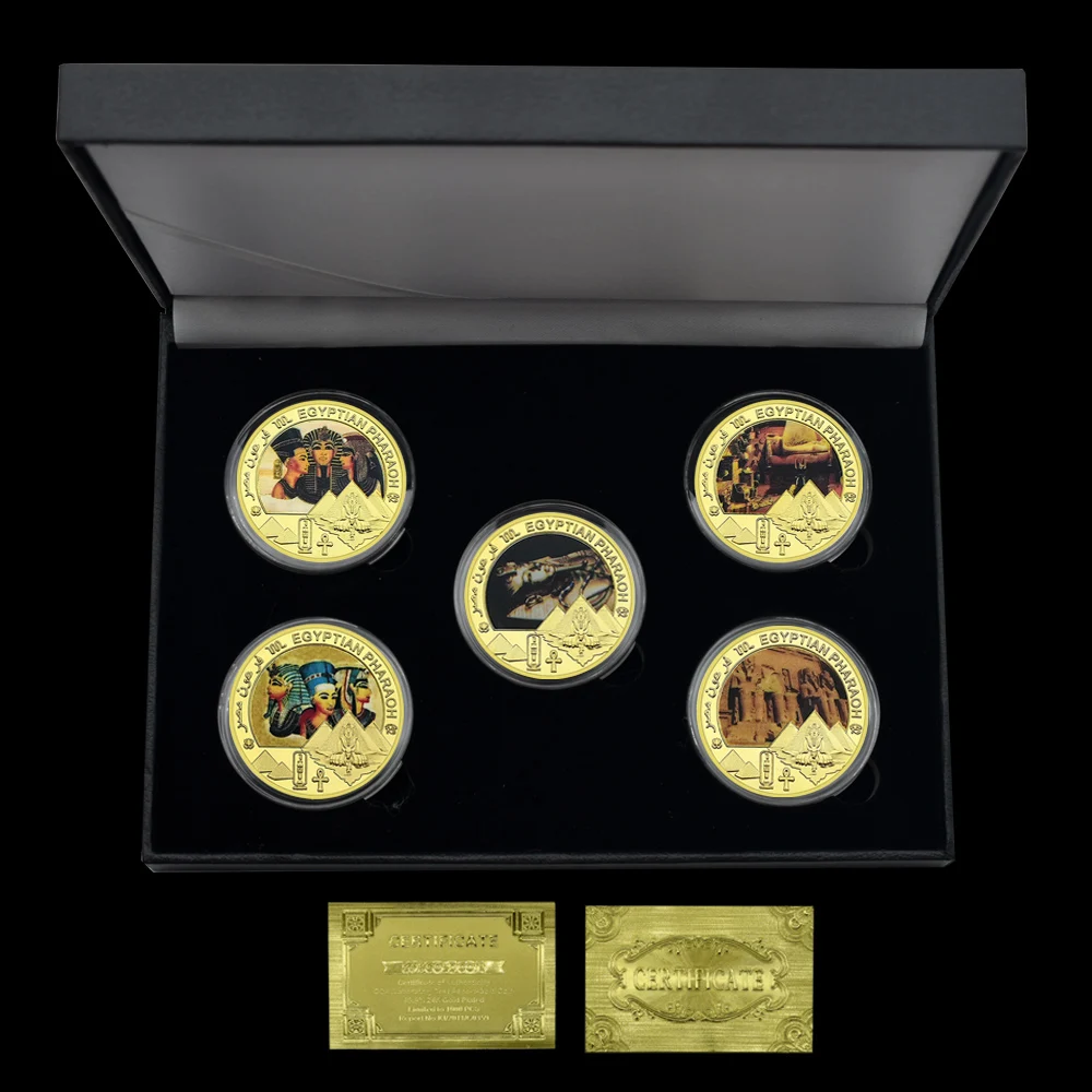 Ancient Egyptian Pharaoh Challenge Coin Festival Gift Gold Plated Medal Souvenir 5pcs/set in Gift Box Metal Ornament Crafts