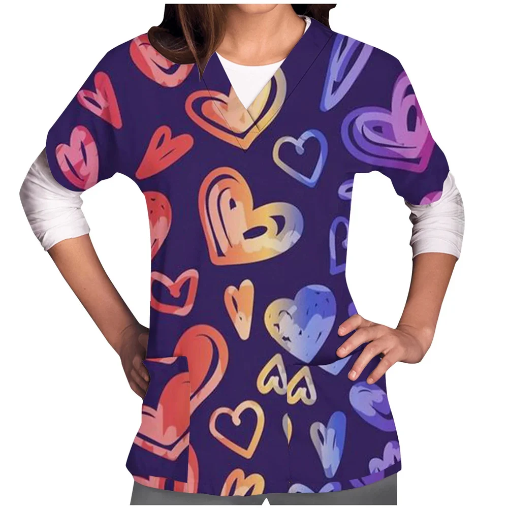 발렌타인 데이 간호사 유니폼 여성 하트 러브 프린트 의료 스크럽 작업 짧은 소매 유니폼 블라우스 스크럽 간호 작업