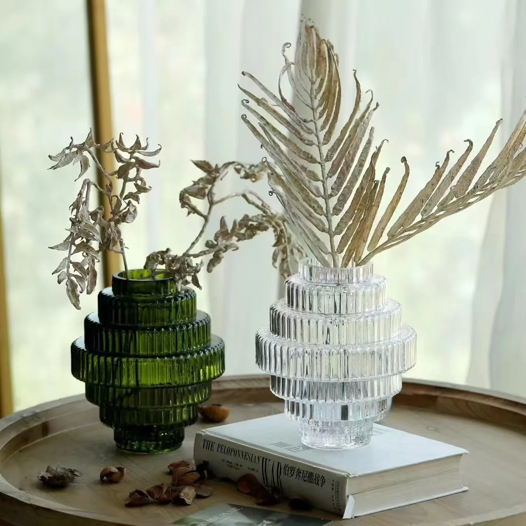 Kreative Glasvase, vertikale Maserung, Turmform, transparente Blumenvase, Hydrokultur, Terrarium, Heimdekoration, Zubehör