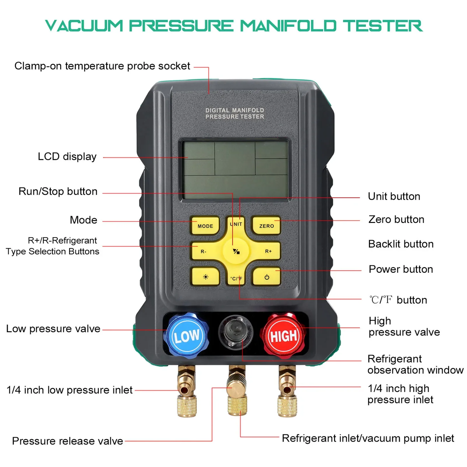 

DUOYI DY522A Digital Manifold Meter Air Conditioning Vacuum Gauge for Refrigeration HVAC Vacuum Pressure Temperature Tester Set