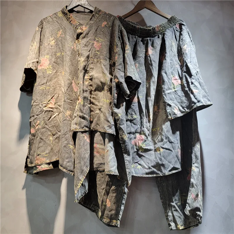 WTHT Vintage Fashion Women Suits Print Design Spliced Denim Short Sleeves Tops Loose Harem Jeans Set Female 2025 Summer 1LS1756