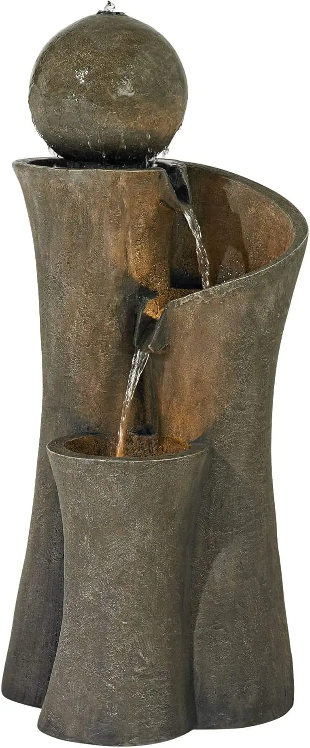 Large Modern Zen Indoor Outdoor Faux Stone Floor Fountain with LED Lighted Waterfall, 39.5