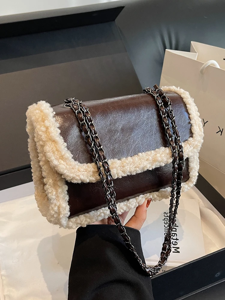 2024 Autumn/Winter Lamb Plush PU Spliced Crossbody Bag Vintage Burgundy Magnetic Buckle Flip Chain Underarm Bag Commuter Handbag