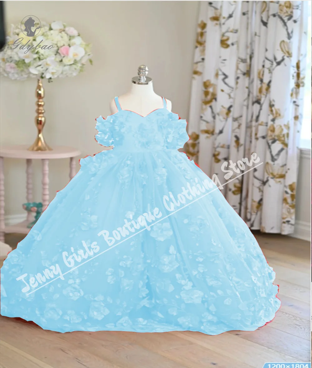 

Luxury 3D Floral Flower Girl Dresses Spaghetti Strap Sweetheart Neckline Pageant Tulle Princess Birthday Dress