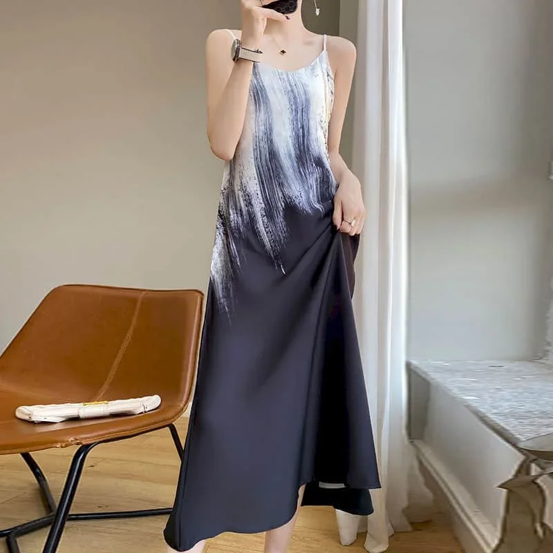 

Women Dress A-line Stain Sleeveless Waisted Slip Dress Korean Style Casual Loose Sexy Backless Mid-calf Dress for Women Clothing