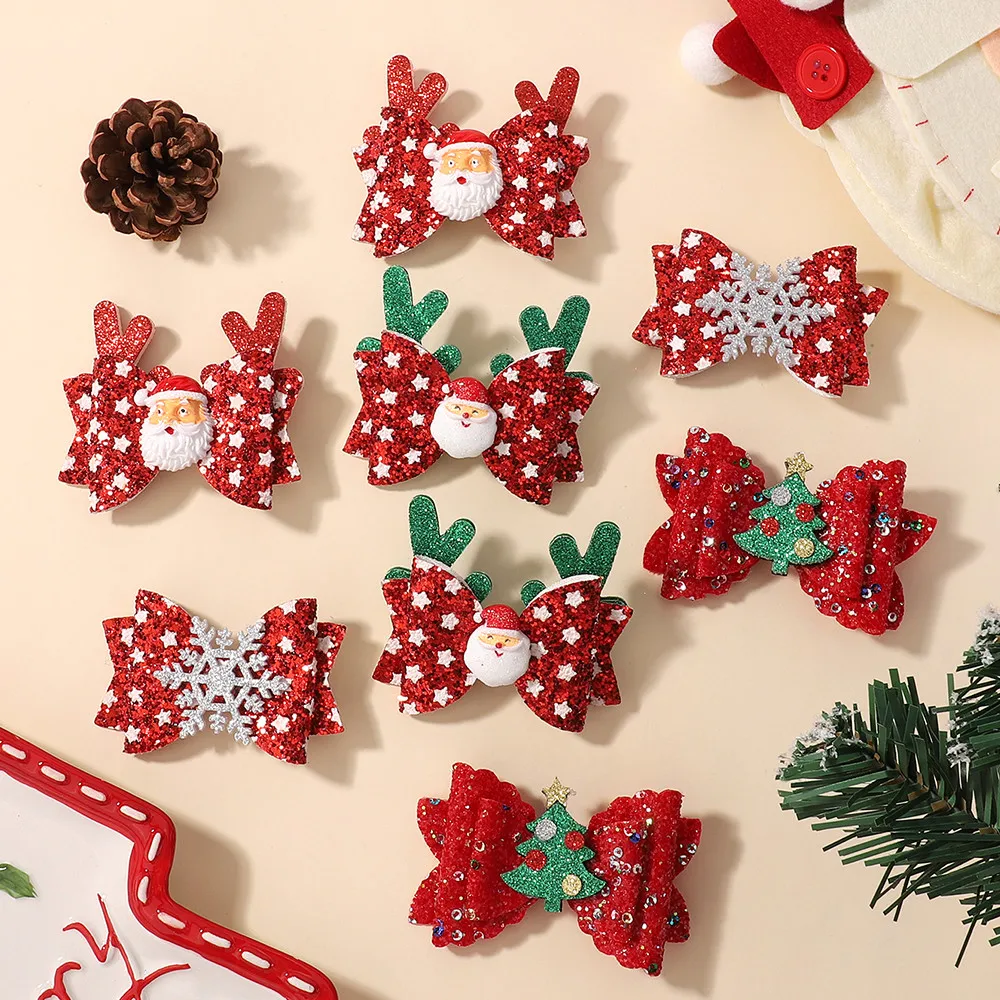 

RIBBON BOWS 2Pcs Christmas Glitter Kids Bows for Girls Horns Hairpin Printed Fabric Horseback Clips Holiday Dance Aces