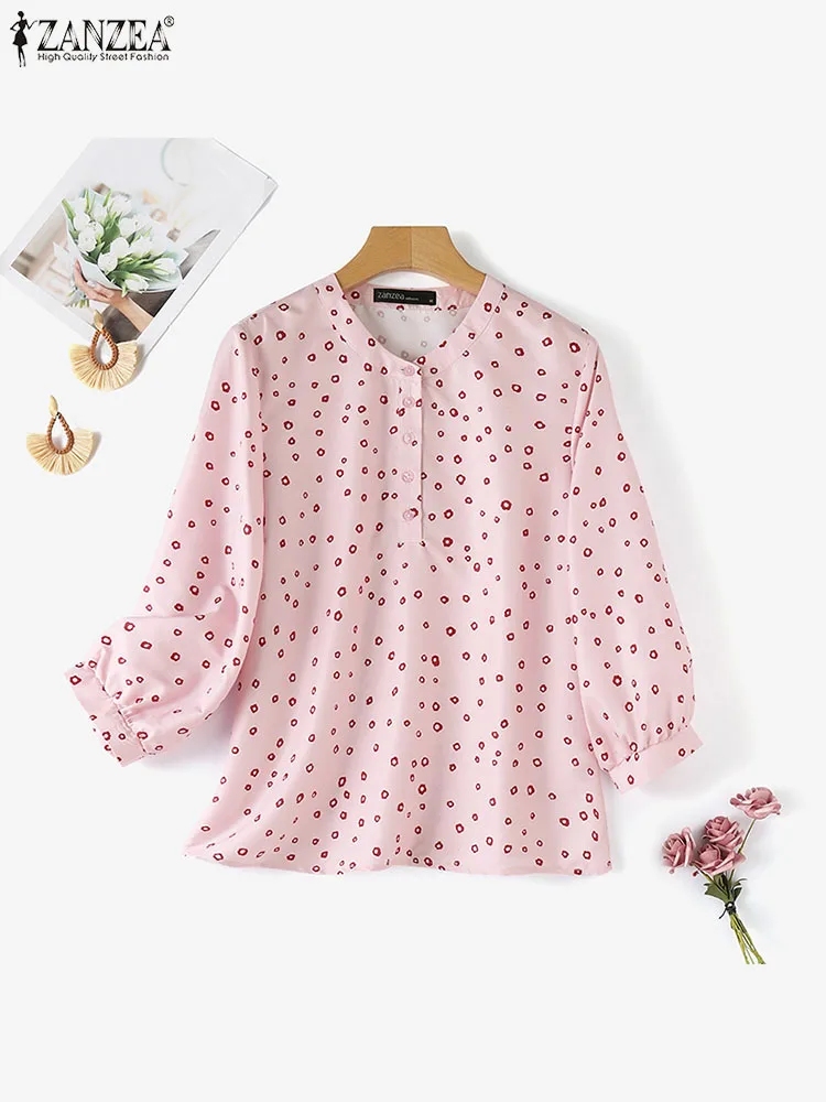 ZANZEA-Túnicas Abertas Femininas, Tops Simples de Manga 3/4, Blusa Foral Estampada, Casual com Decote O, Solto, Fino, Botões, Moda Verão, 2024