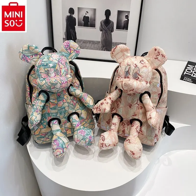 

Модный рюкзак MINISO с героями мультфильмов Диснея, милые куклы Микки, женский рюкзак для улицы, высокое качество, блестки, большая емкость