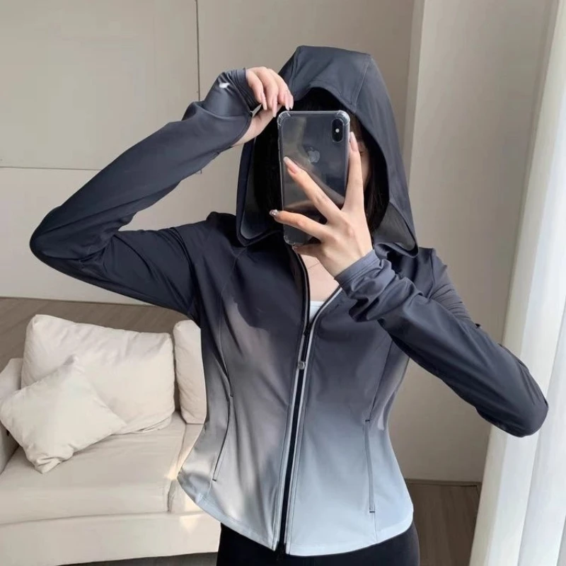 Gradient Color Slim Short Lightweight Sun Protection Suit for Women Hooded Summer New Quick-drying Breathable Sportswear