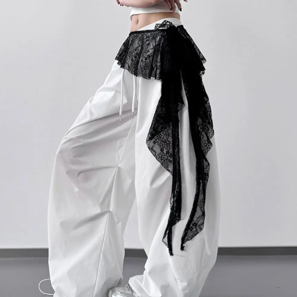 Jeans Pants Decor Embroidered Flower Lace Mini Skirt See Through Y2K Streetwear Ruched Skirts High Waist Harajuku Pleated Skirts